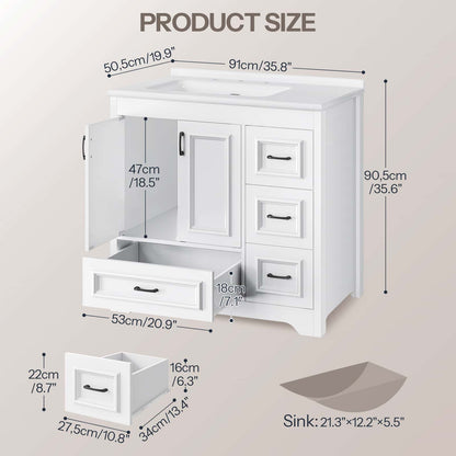 Product size diagram of a white bathroom vanity cabinet with sink, showing dimensions of the cabinet, drawers, open door, and included sink tray on a light beige background.