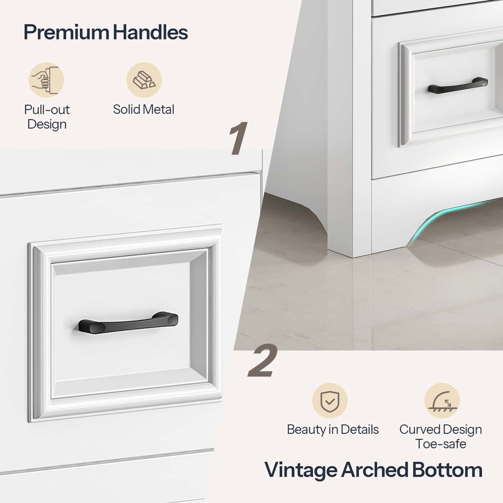 White vanity cabinet drawer with a black curved pull-out handle, shown with feature callouts including 'Premium Handles' and 'Vintage Arched Bottom'.
