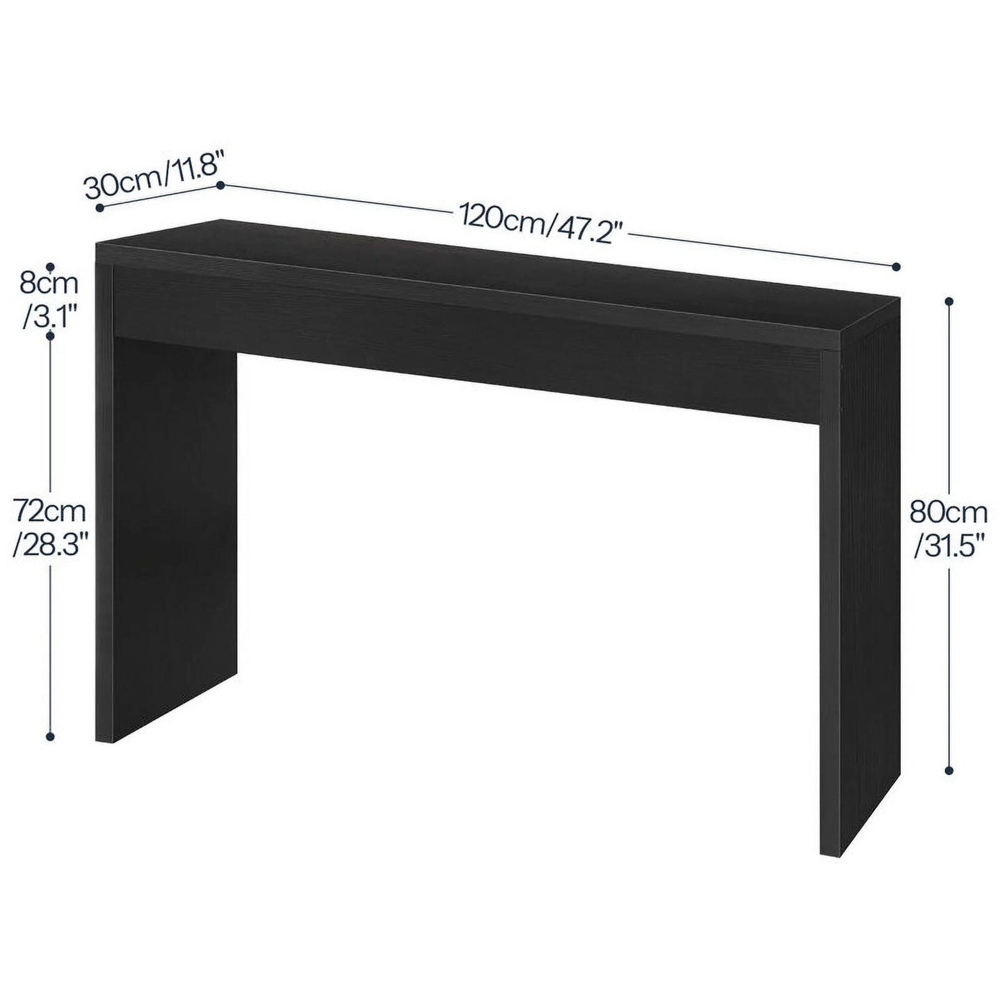 Black console table with dimensions labeled on a white background
