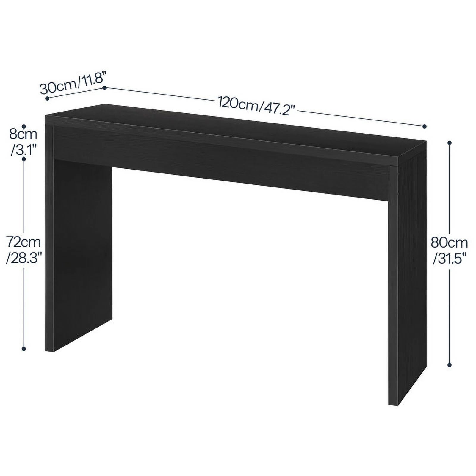 Black console table with dimensions labeled on a white background