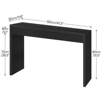 Black console table with dimensions labeled on a white background