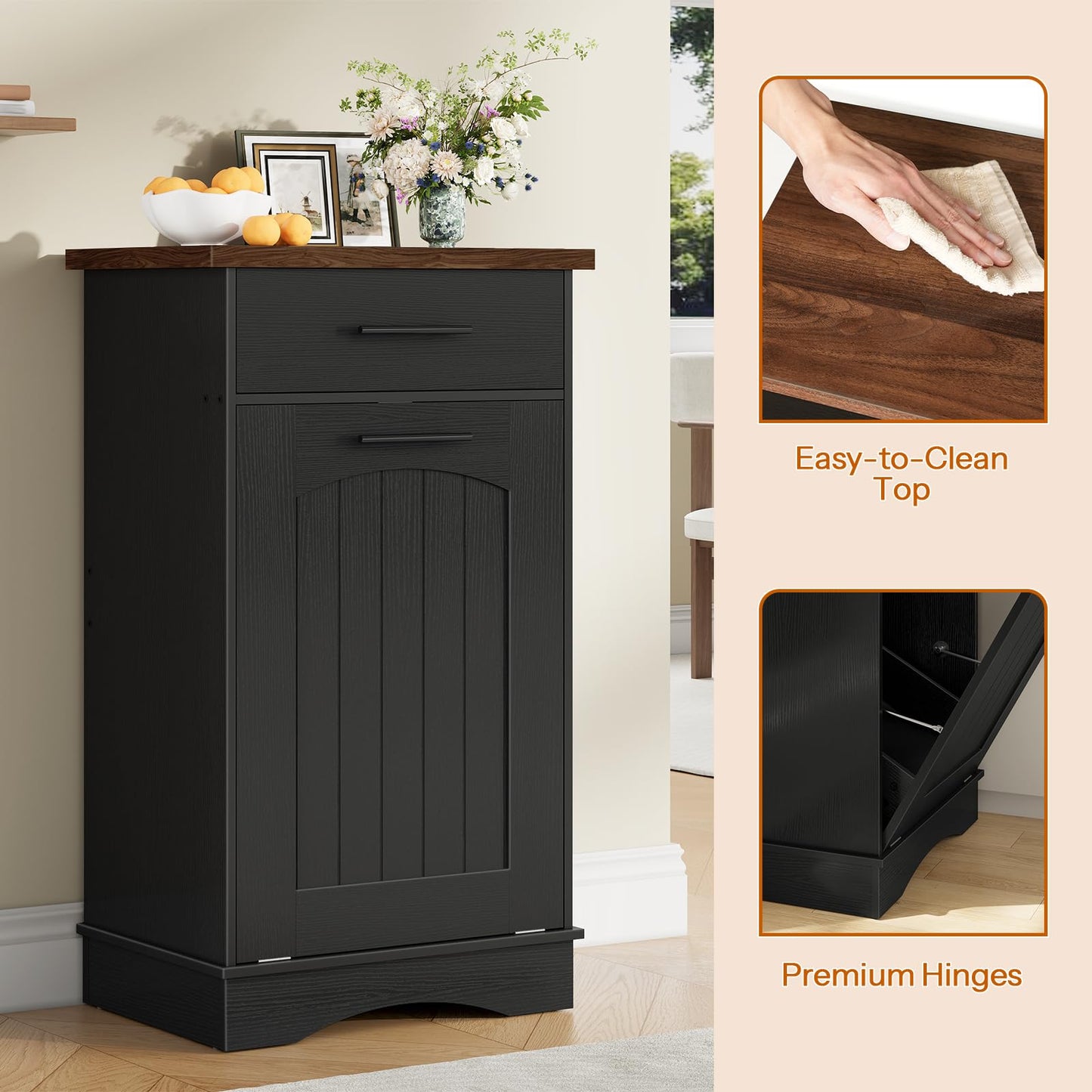 Three close-up panels showcasing the rustic wood grain top, smooth ball-bearing drawer slides, and heavy-duty hinges.
