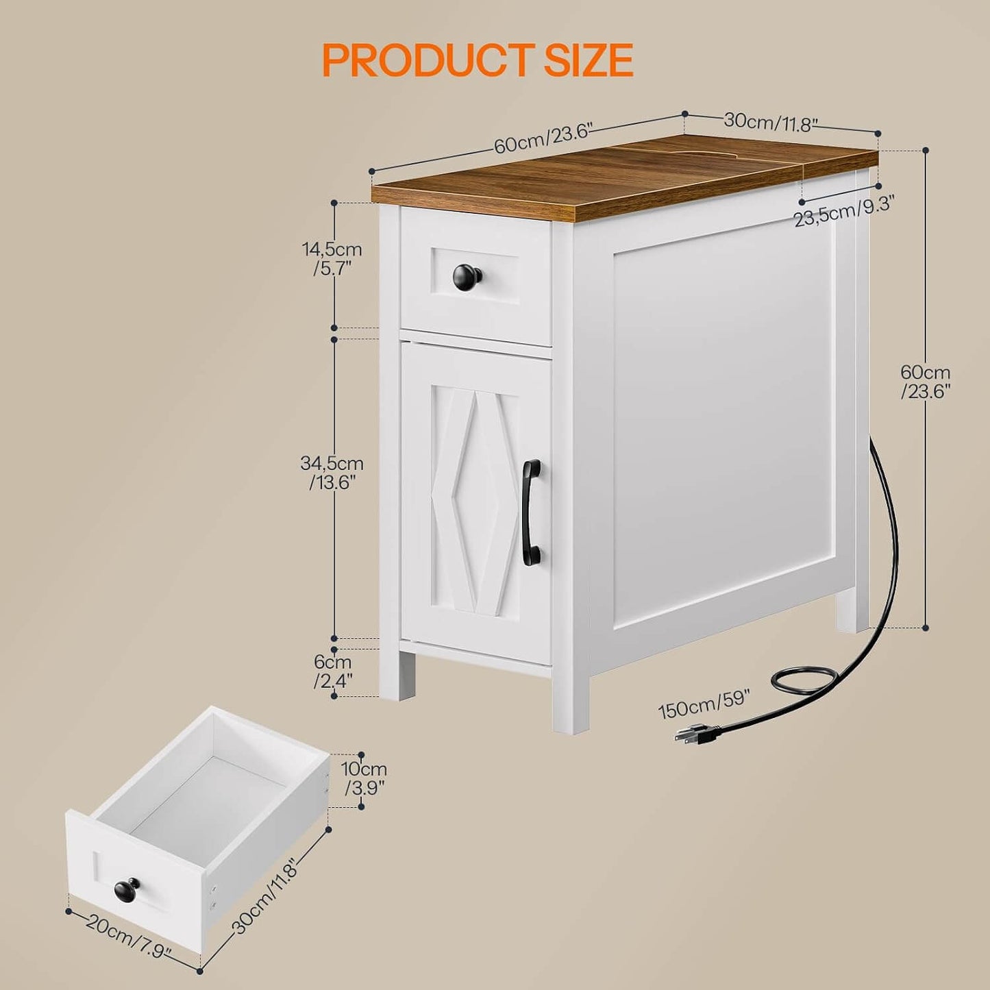 HOOBRO End Table with Charging Station, Farmhouse End Table with Drawer, Slim Nightstand for Living Room, Storage Cabinet, Narrow Side Table for Bedroom, Office, Walnut and White