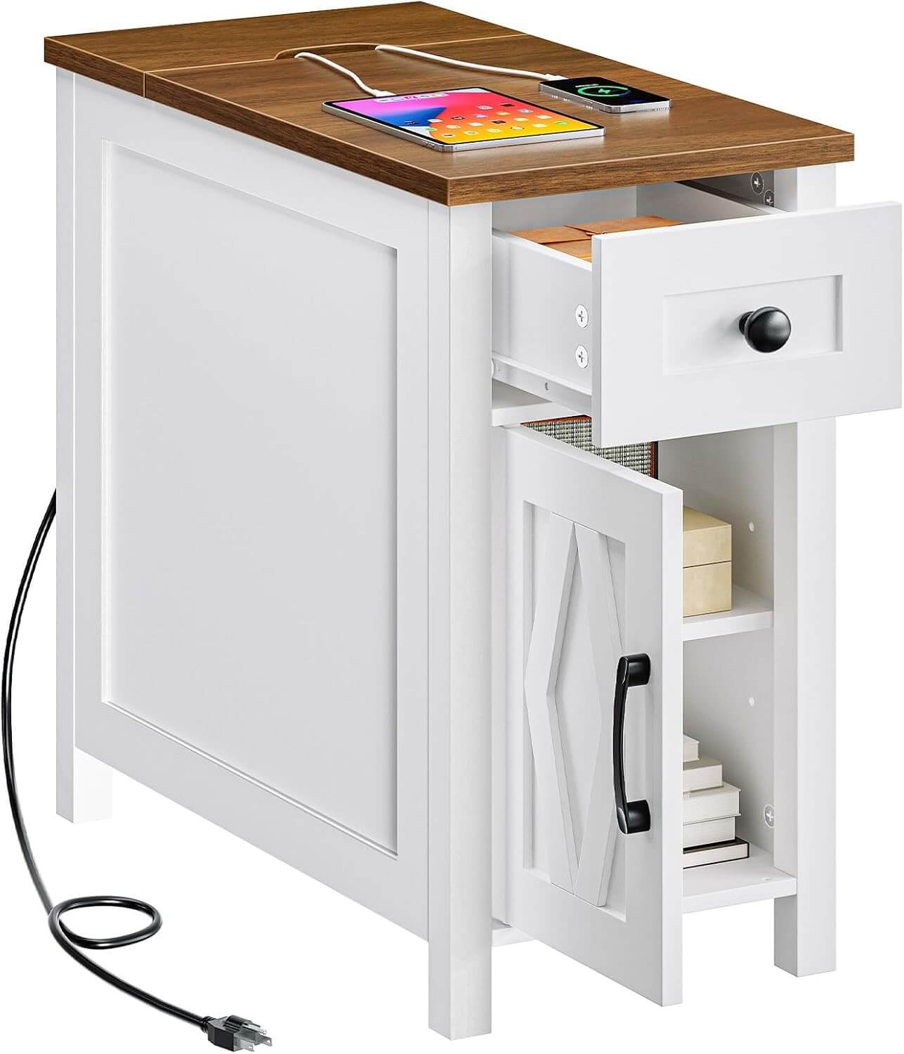 HOOBRO End Table with Charging Station, Farmhouse End Table with Drawer, Slim Nightstand for Living Room, Storage Cabinet, Narrow Side Table for Bedroom, Office, Walnut and White