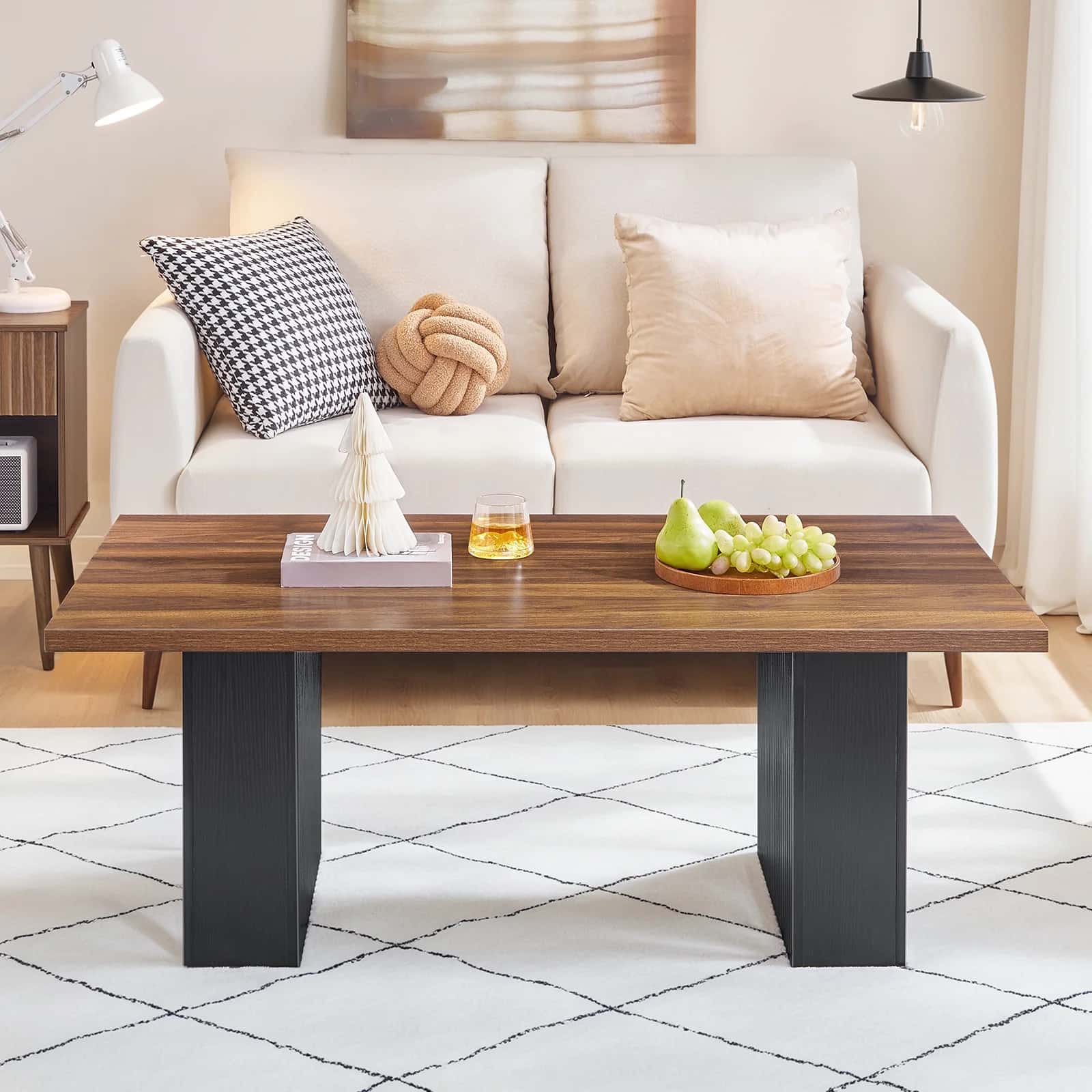 Modern living room with a wooden coffee table and white sofa
