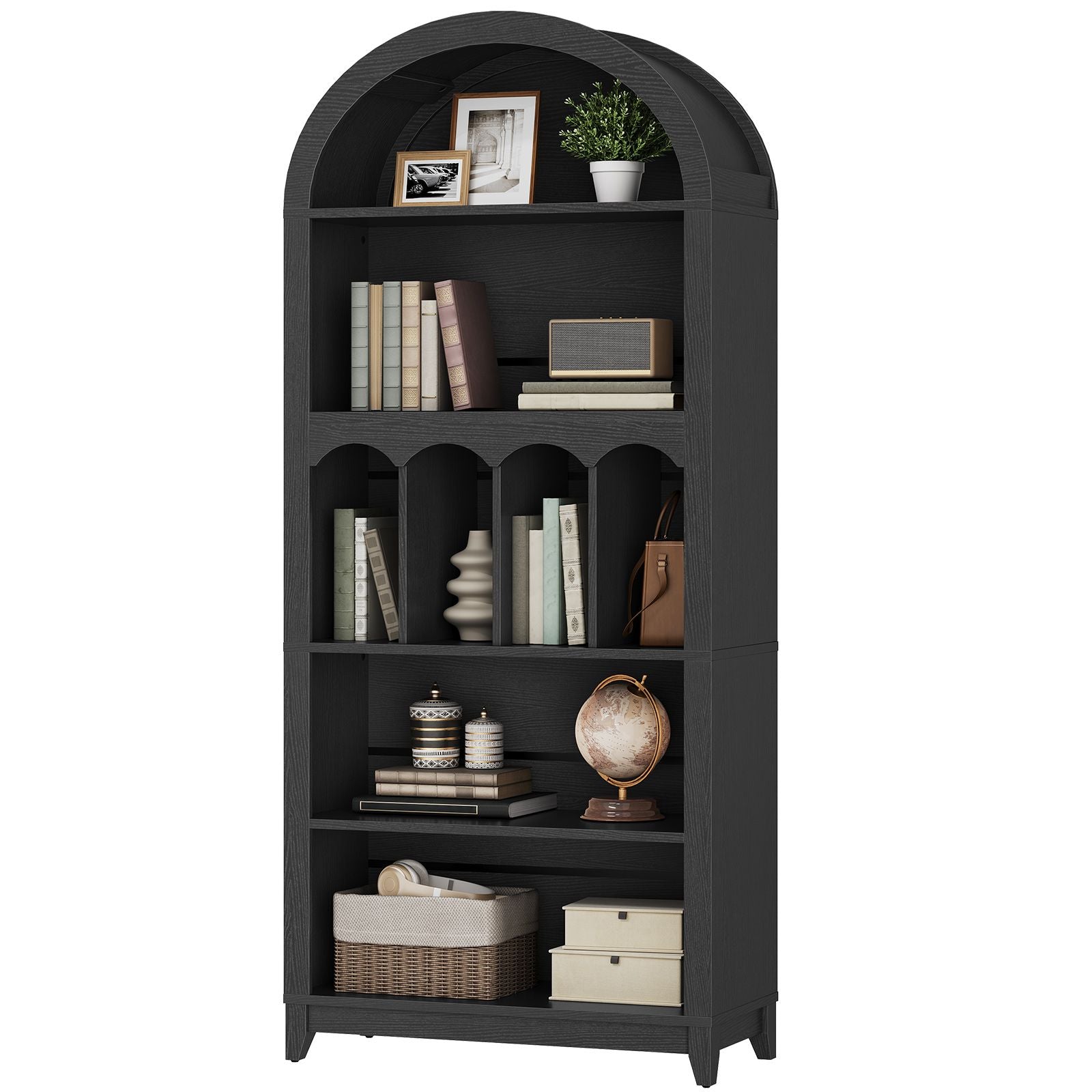 Modern tall black arched bookshelf fully styled with books, decorative globes, storage boxes, and potted plants.