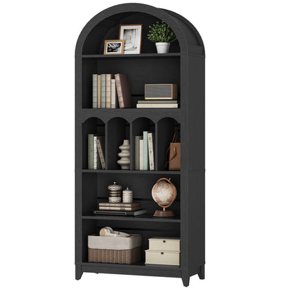 Modern tall black arched bookshelf fully styled with books, decorative globes, storage boxes, and potted plants.