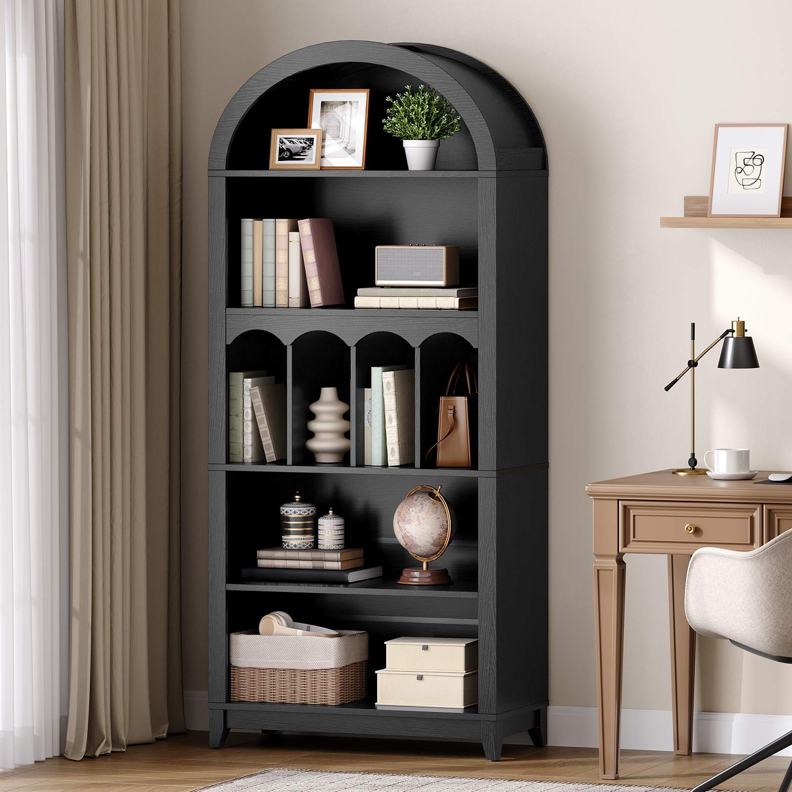 Elegant home office environment view featuring the tall black arched display shelf standing neatly next to a wooden desk.