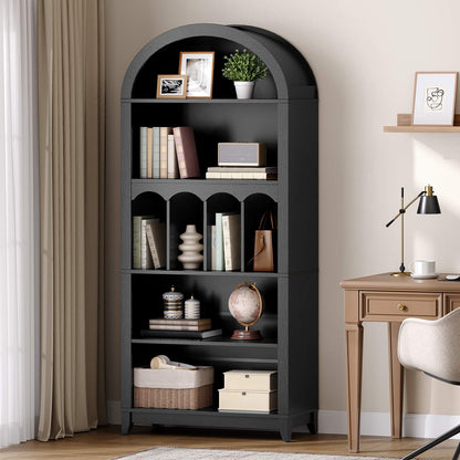 Elegant home office environment view featuring the tall black arched display shelf standing neatly next to a wooden desk.