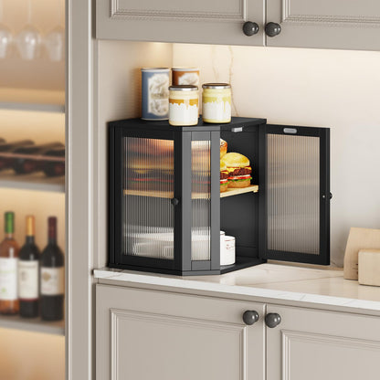 Elegant black bamboo corner bread box and countertop storage organizer in a modern kitchen setting.