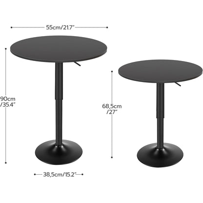 Detailed dimensions and height adjustment specifications chart of HOOBRO black round bar table.