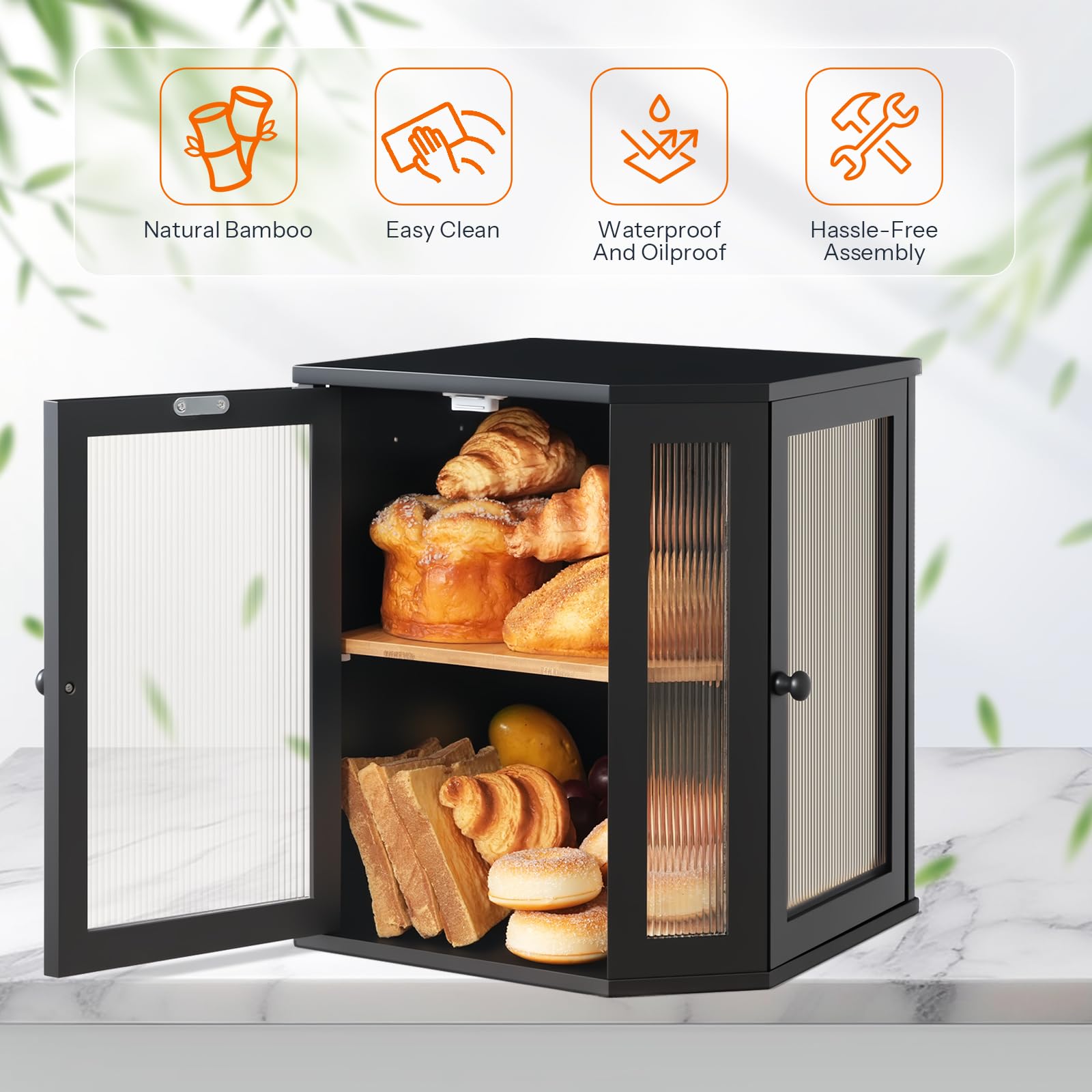 Internal view of the black countertop storage organizer with two layers for bread and pastries.