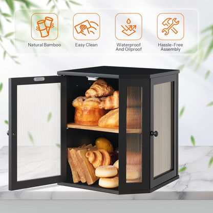 Internal view of the black countertop storage organizer with two layers for bread and pastries.