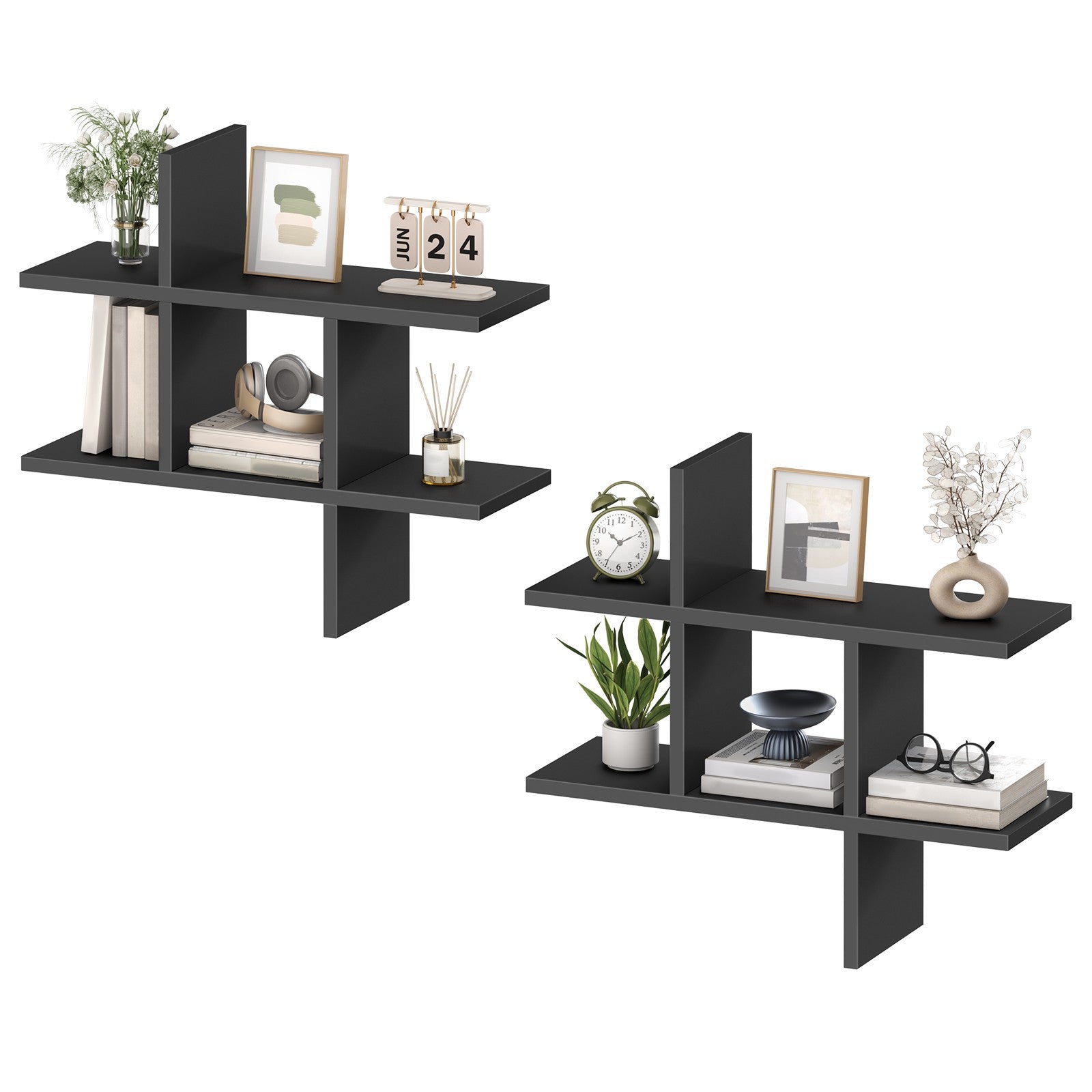 Set of 2 black modern cross intersection geometric floating shelves isolated on a white background.