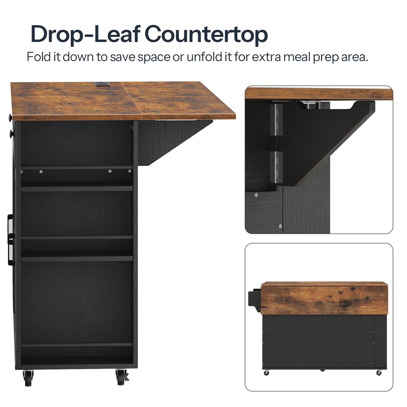 Side view of the black frame demonstrating the expandable drop leaf wood countertop folding mechanism and steel brackets.