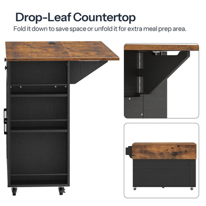 Side view of the black frame demonstrating the expandable drop leaf wood countertop folding mechanism and steel brackets.