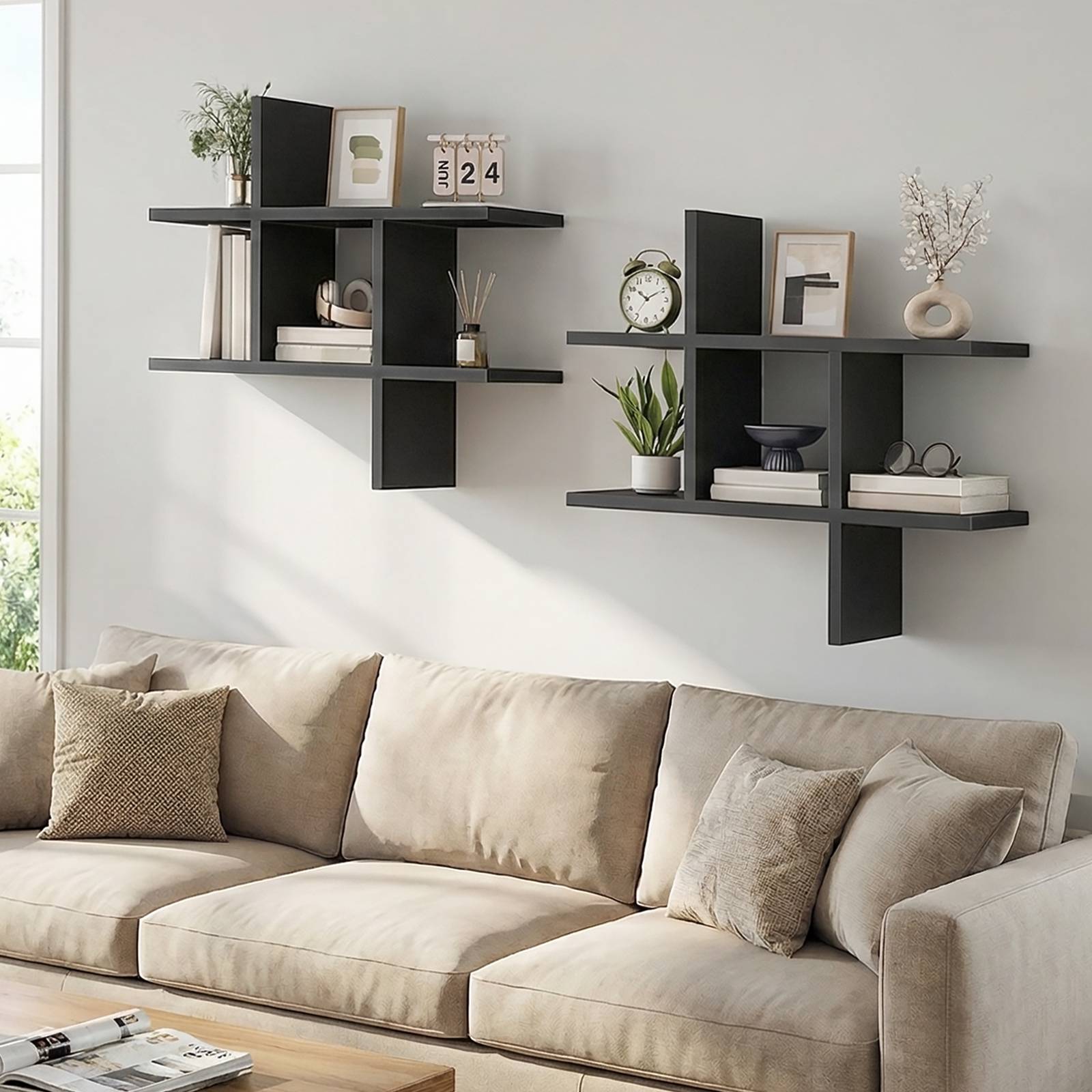 Two black intersecting display shelves installed in a staggered layout on a living room wall above a couch.