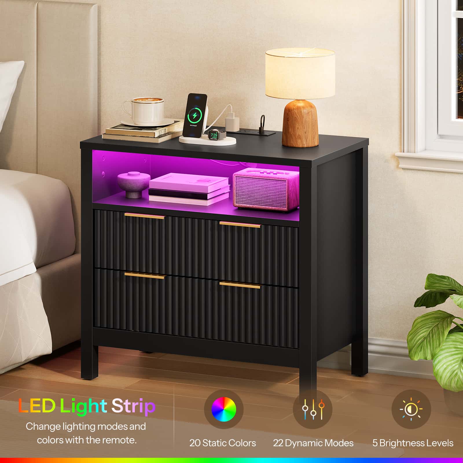 Black nightstand with LED light strip in a bedroom setting