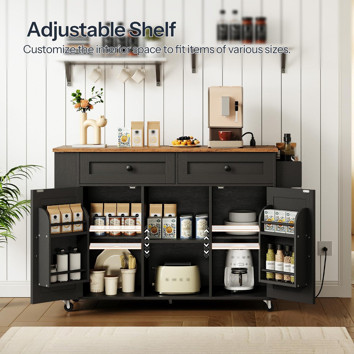 HOOBRO black industrial kitchen sideboard cabinet used as an elegant coffee bar station against a dining room wall.