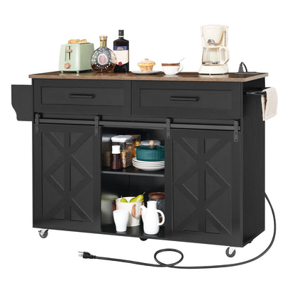Black industrial kitchen island table with rustic brown wood tabletop showing smooth sliding barn doors opened.