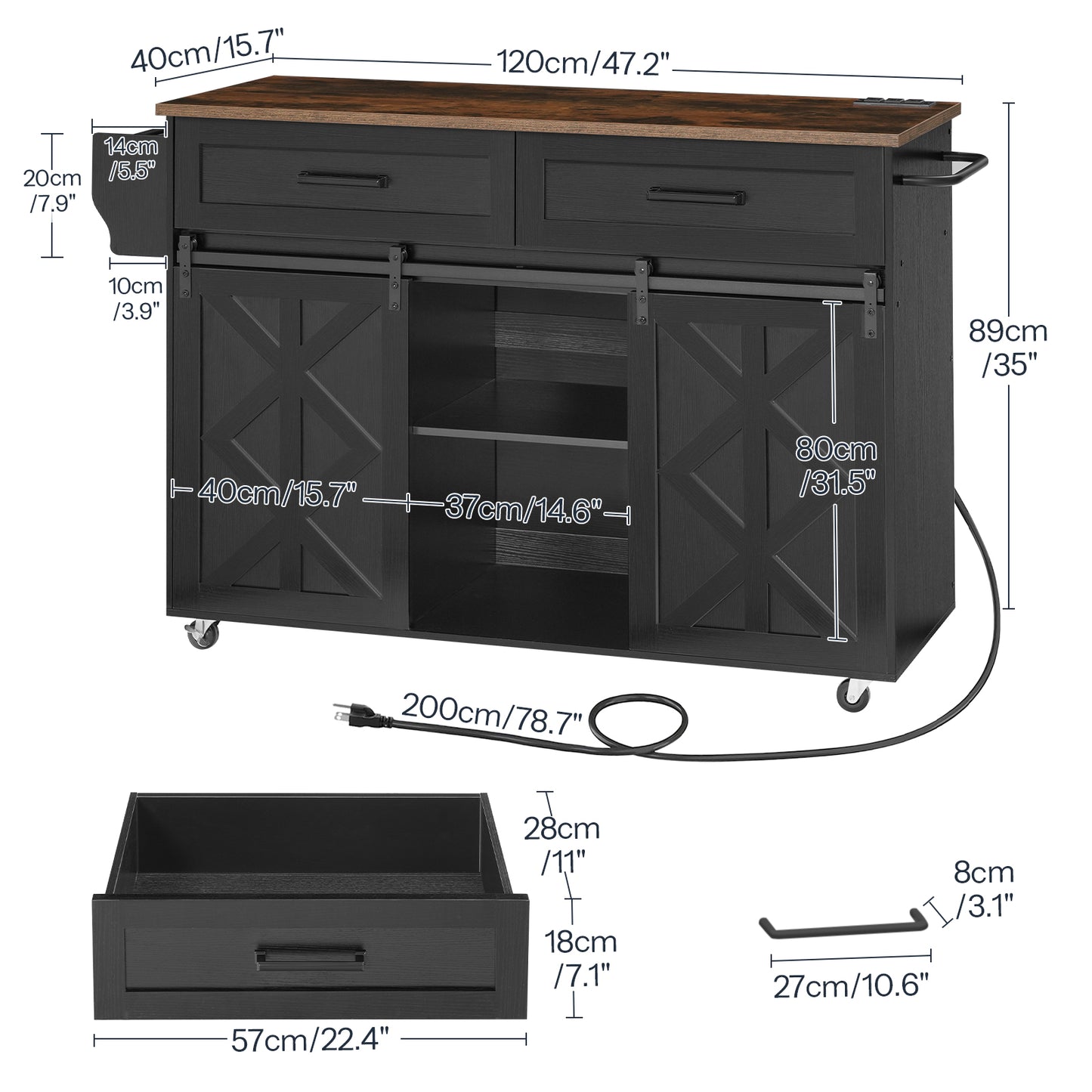 Detailed dimensions and drawer size specifications chart of HOOBRO black rolling kitchen island cart.