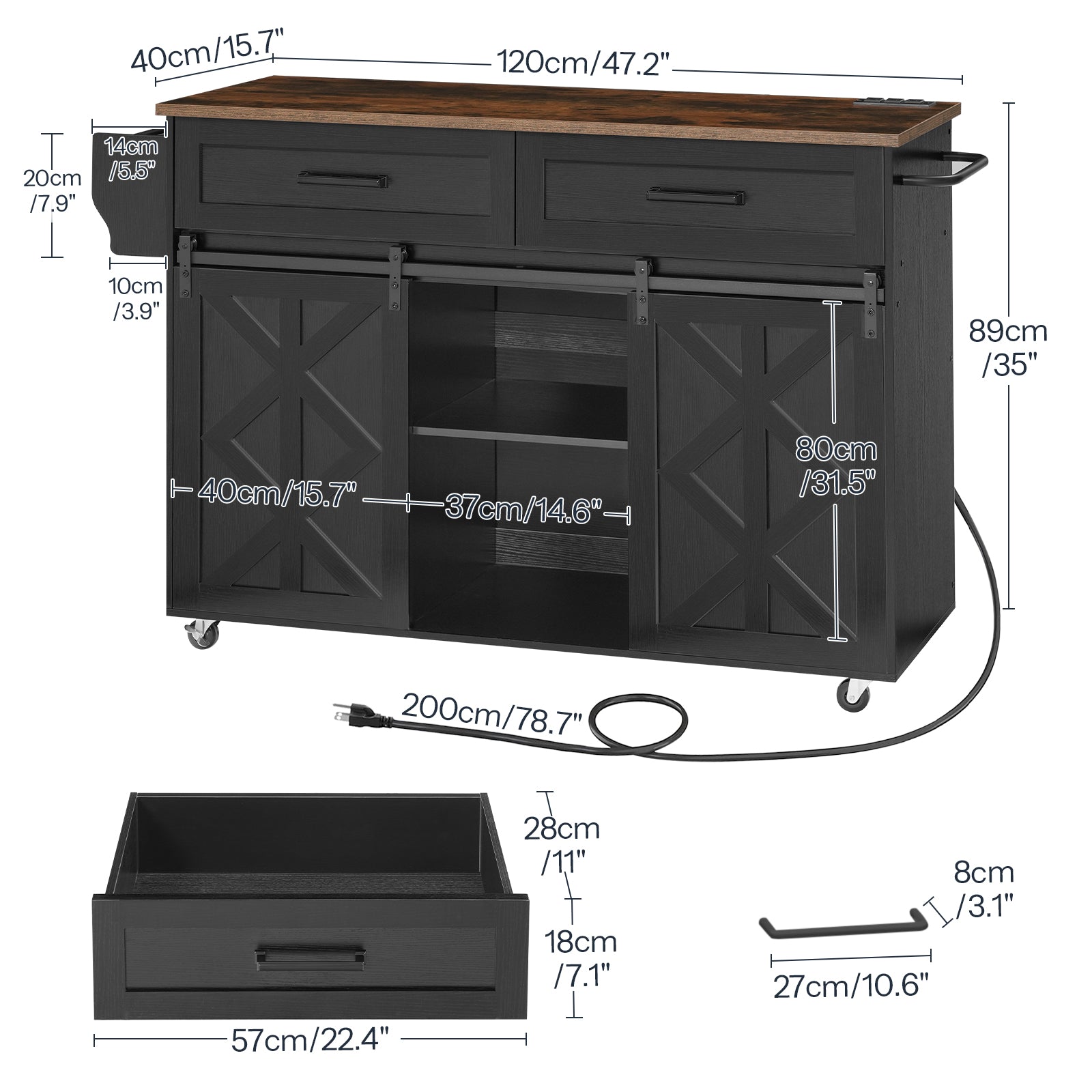 Detailed dimensions and drawer size specifications chart of HOOBRO black rolling kitchen island cart.