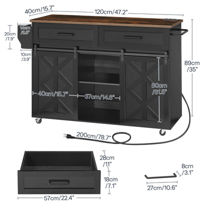 Detailed dimensions and drawer size specifications chart of HOOBRO black rolling kitchen island cart.