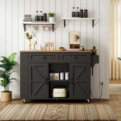 Black kitchen island storage cabinet with fully opened barn doors showing adjustable shelves and wide interior layouts.