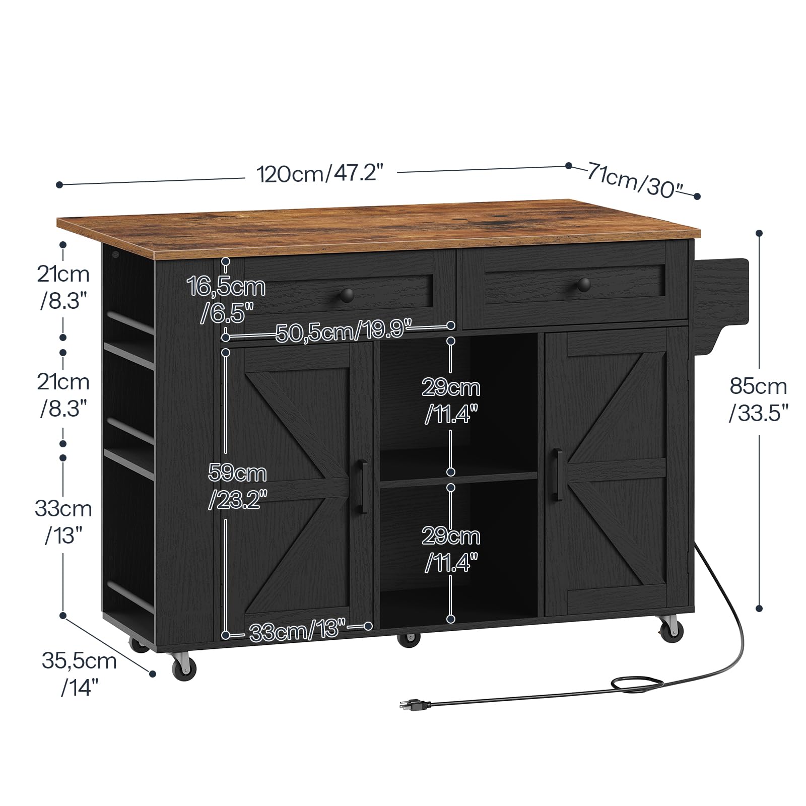 Detailed dimensions and size specifications chart of HOOBRO black rolling kitchen island storage cabinet.