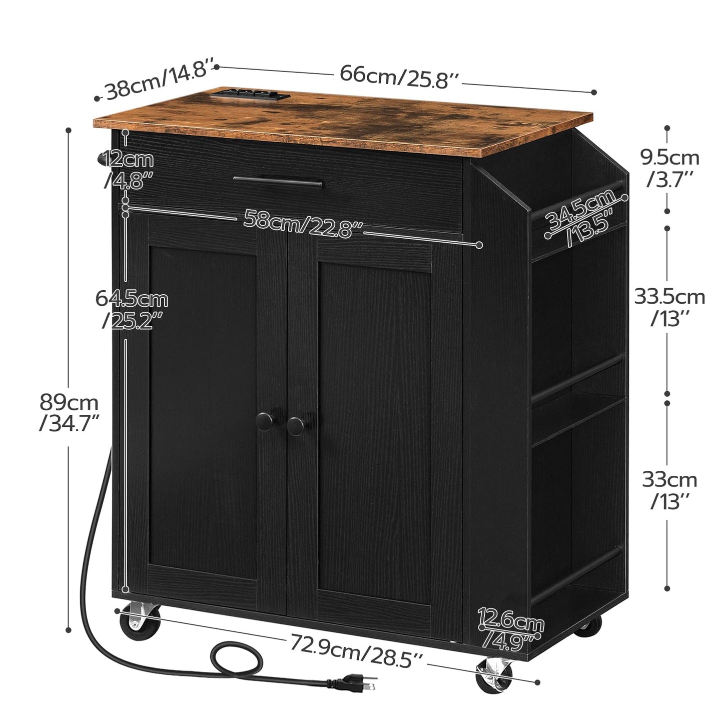 Detailed dimensions and internal compartment size specifications chart of HOOBRO black rolling kitchen island cart.