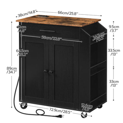 Detailed dimensions and internal compartment size specifications chart of HOOBRO black rolling kitchen island cart.