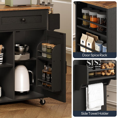 Black kitchen cabinet with open door showing storage compartments, including a spice rack and towel holder.
