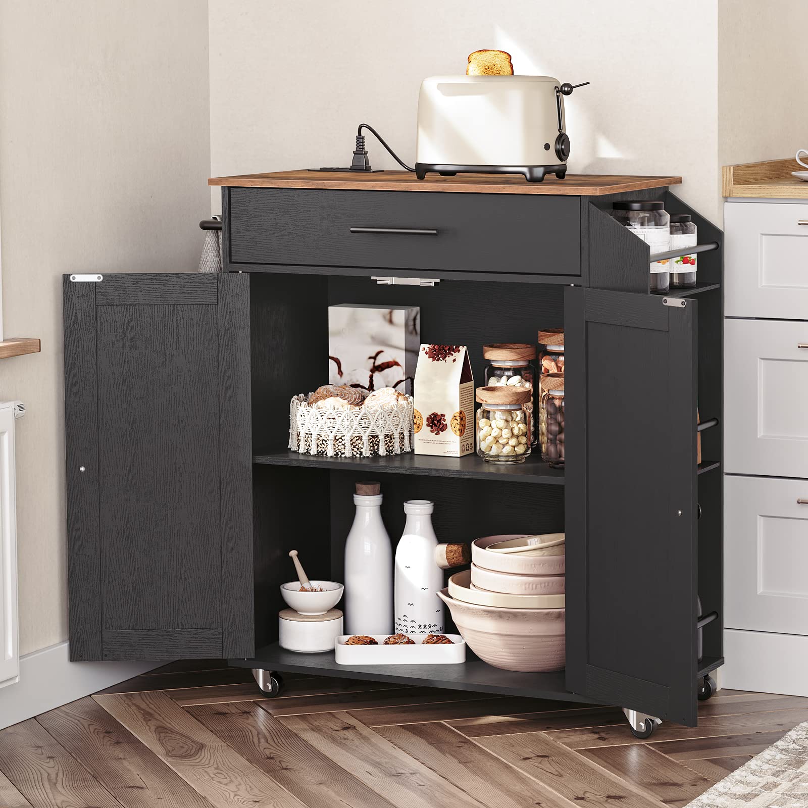 Black kitchen utility cart with opened double doors showing adjustable shelves holding dinner plates and jars.