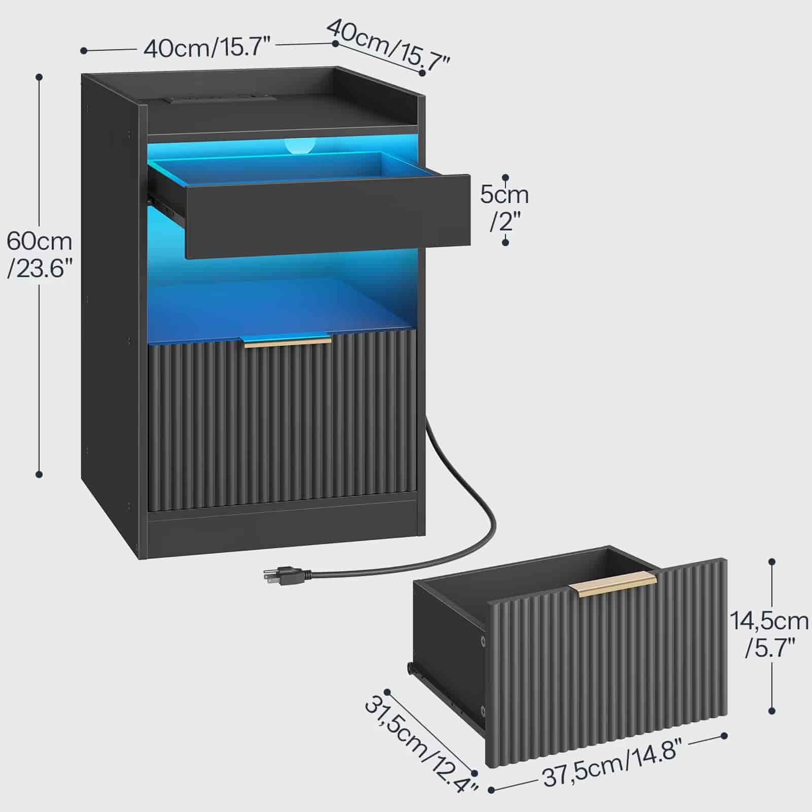 Black nightstand with blue LED light, dimensions labeled on a white background
