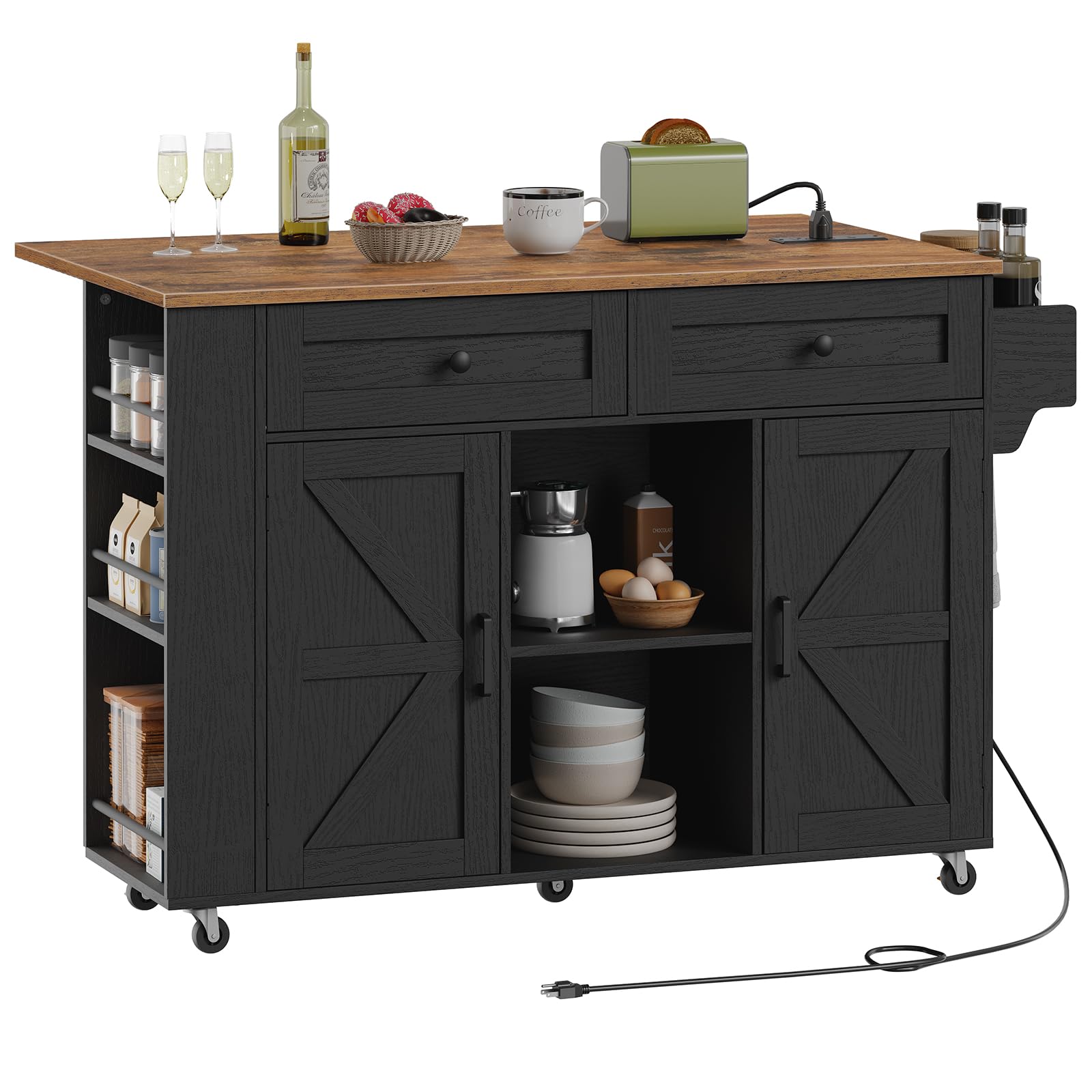 Black mobile kitchen island table with an expanded rustic brown top holding a toaster and wine glasses.