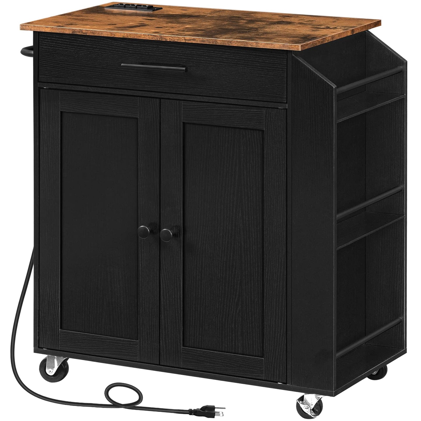 Black mobile kitchen island table with an expanded rustic brown top and a visible power cord on a white background.