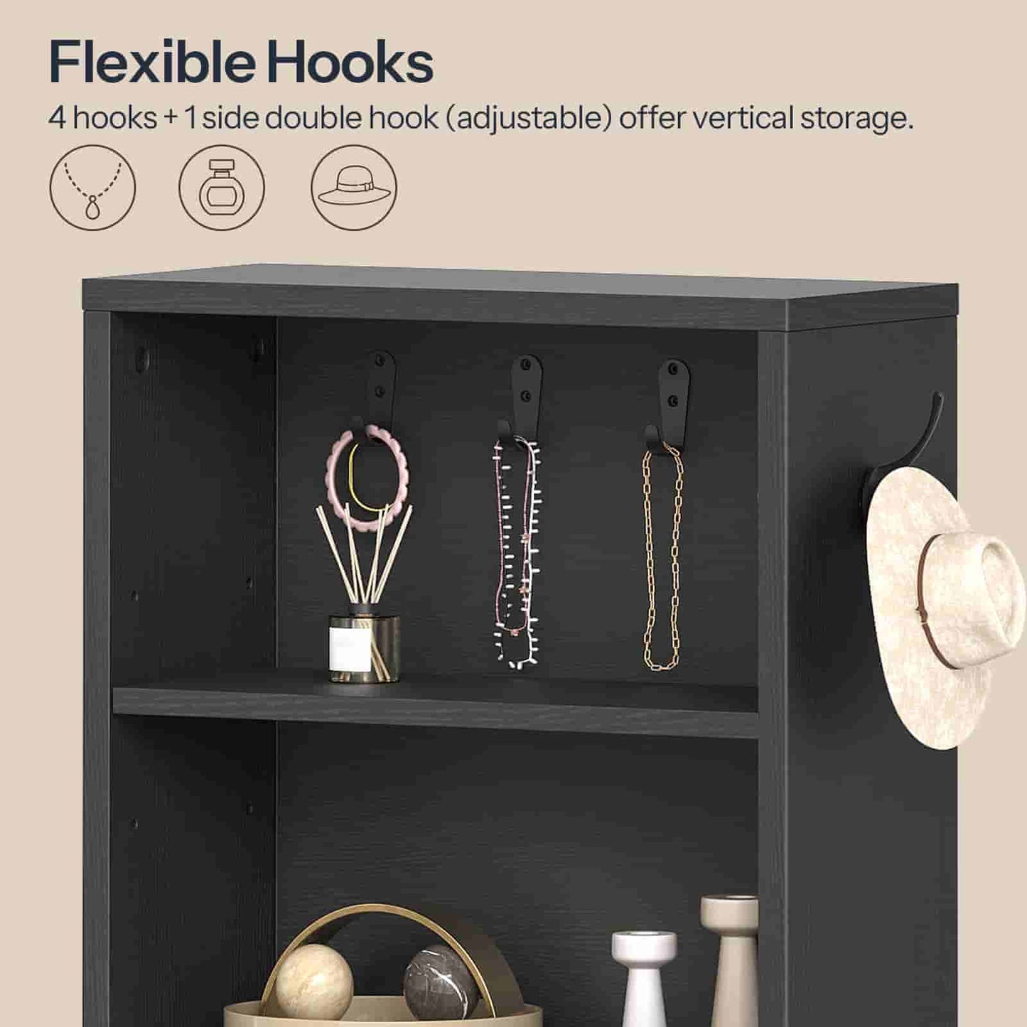 Close-up of the upper hutch showing movable metal S-hooks designed for hanging necklaces and hats.
