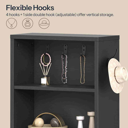 Close-up of the upper hutch showing movable metal S-hooks designed for hanging necklaces and hats.