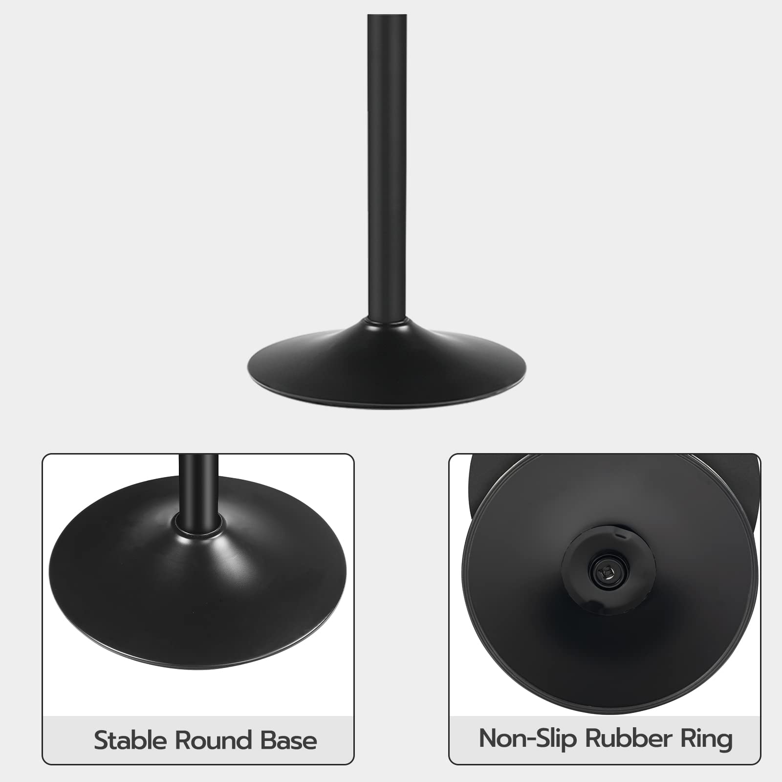 Technical diagram showing the stable black pedestal metal base and the built in non slip rubber ring floor protector.