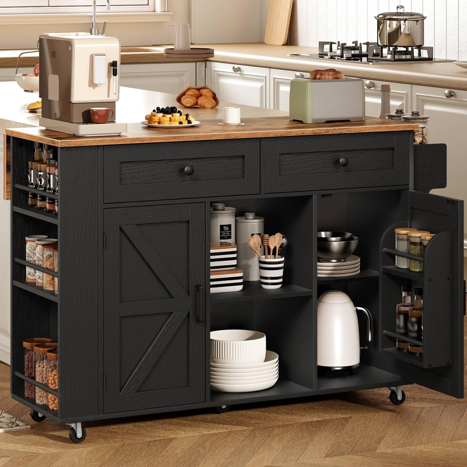 Black rolling kitchen utility cart with open doors and drawers showing storage space for pots, plates, and coffee maker.