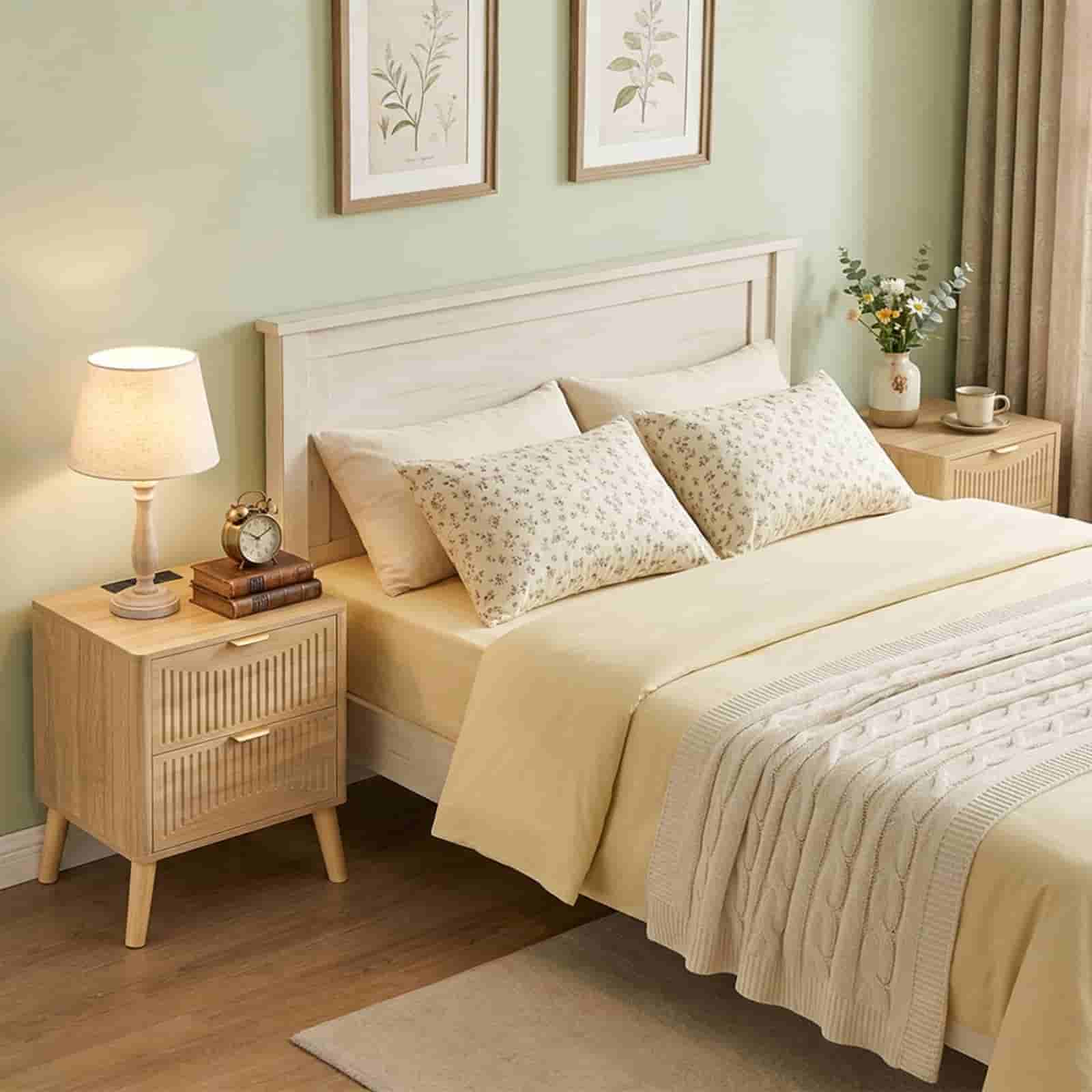 Wide-angle view of a bright Scandinavian bedroom showcasing the matching wood bedframe and bedside table.