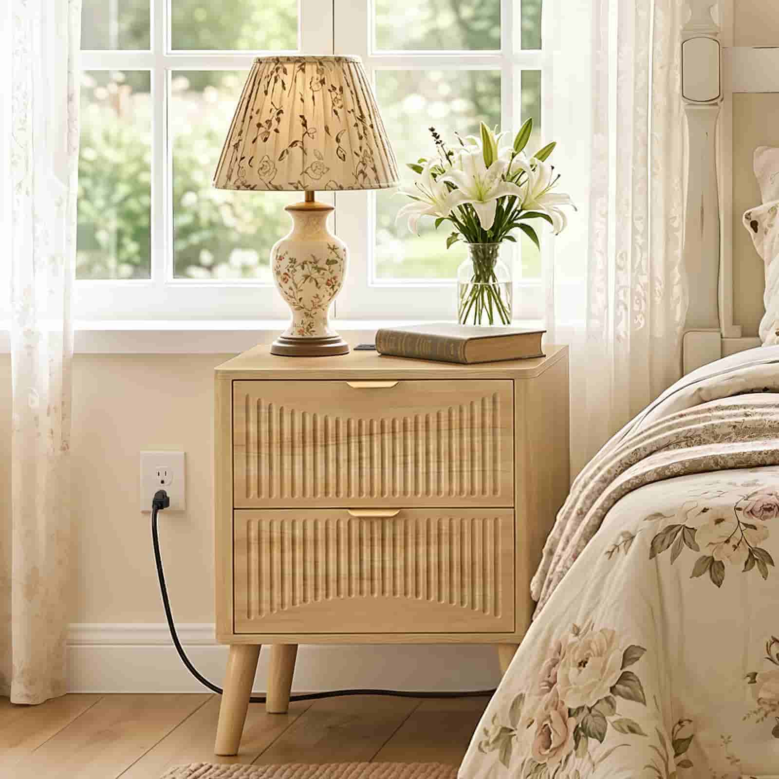 Natural oak color nightstand with fluted drawer fronts plugged into a wall outlet next to a floral-patterned bed.