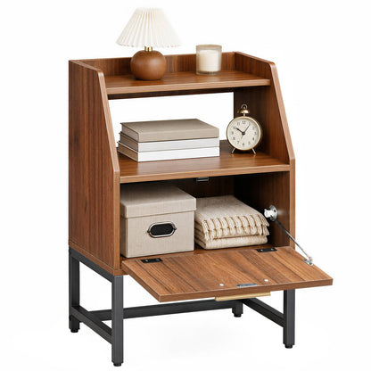 Isometric view of the boho end table with open storage shelves holding books and an open lower compartment.