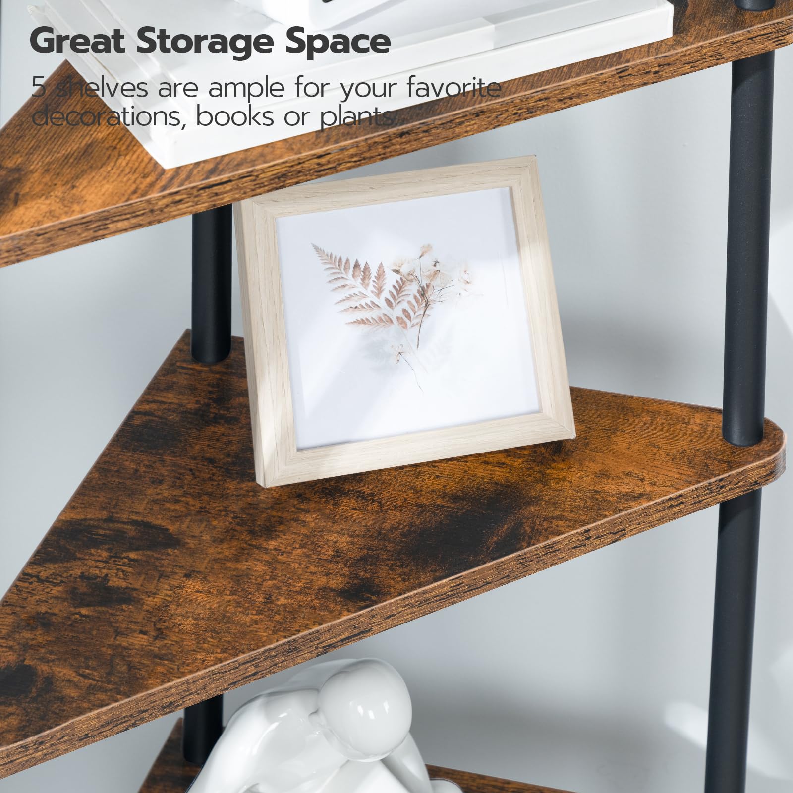 Wooden shelf with a framed picture and text about storage space