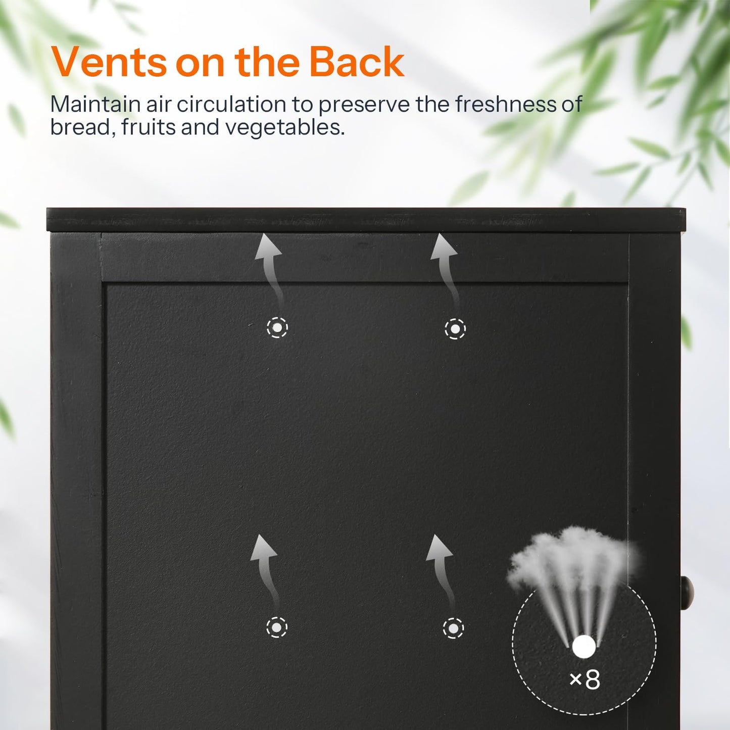 Close-up of the breathable air circulation vents on the back of the bamboo bread box for lasting freshness.