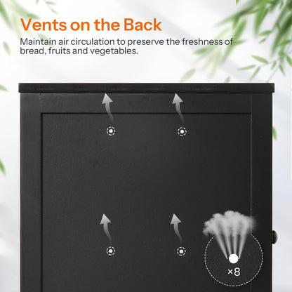 Close-up of the breathable air circulation vents on the back of the bamboo bread box for lasting freshness.