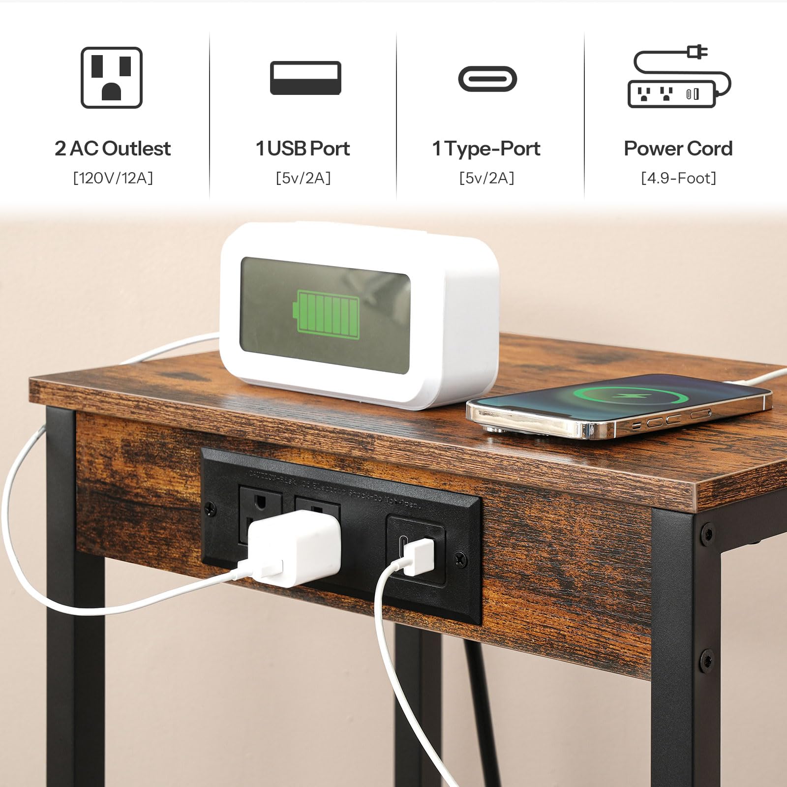 Close-up of the built-in charging station showing 2 AC outlets, 2 USB ports, and a 4.9ft power cord.