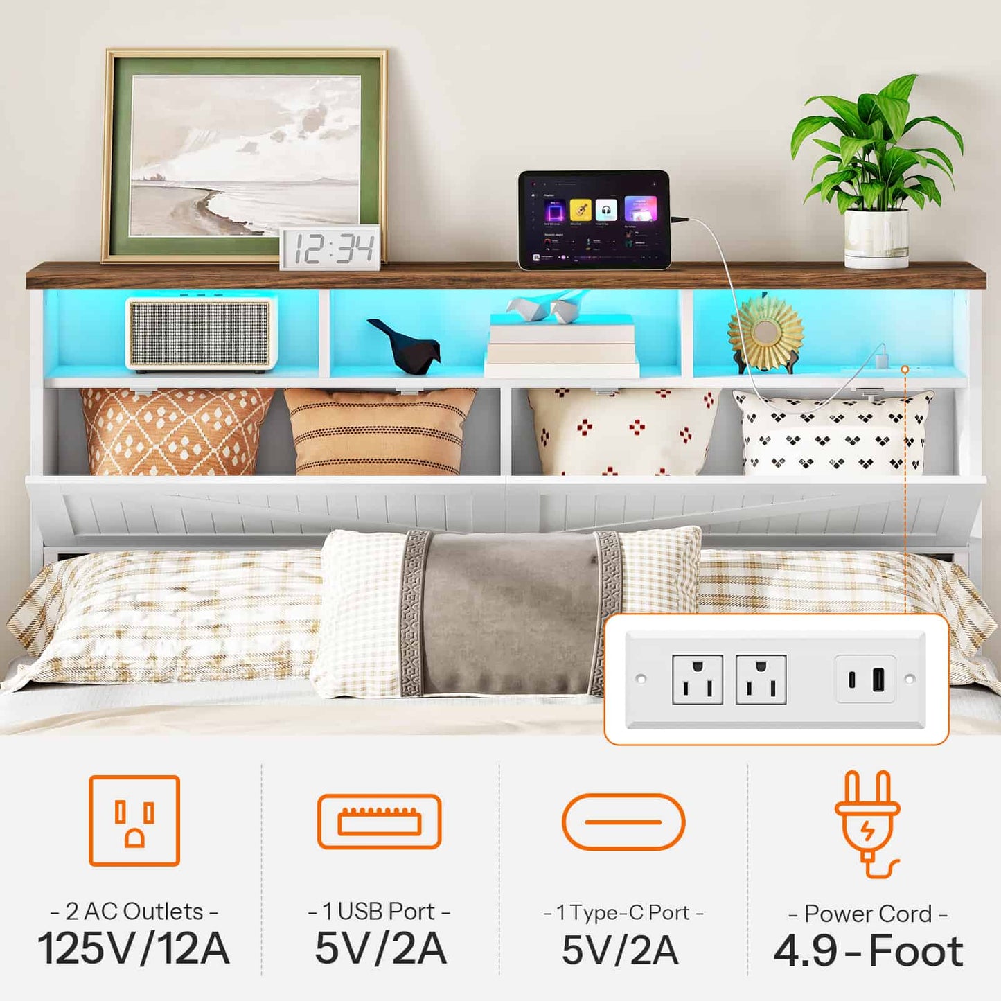  Infographic demonstrating the integrated charging station on the headboard shelf, highlighting AC outlets, USB ports, Type-C, and a 4.9ft cord.