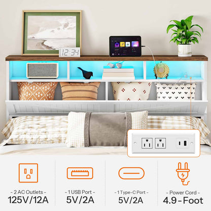  Infographic demonstrating the integrated charging station on the headboard shelf, highlighting AC outlets, USB ports, Type-C, and a 4.9ft cord.
