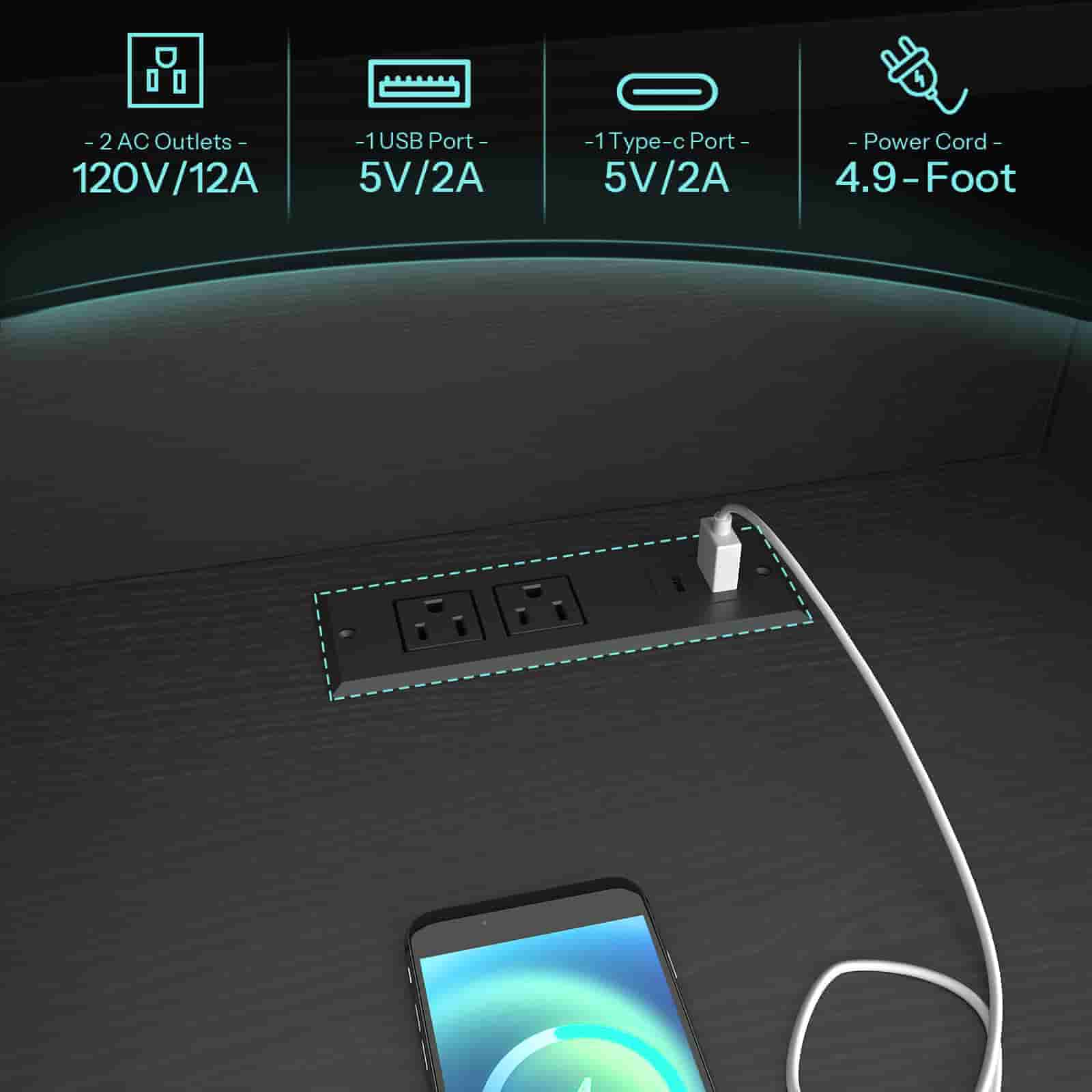Close-up of the built-in desktop charging panel featuring standard AC outlets and fast-charging USB ports.